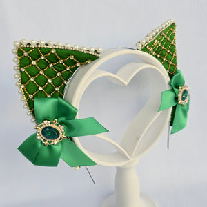 Green and Gold Pearl Rococo Cat Ears